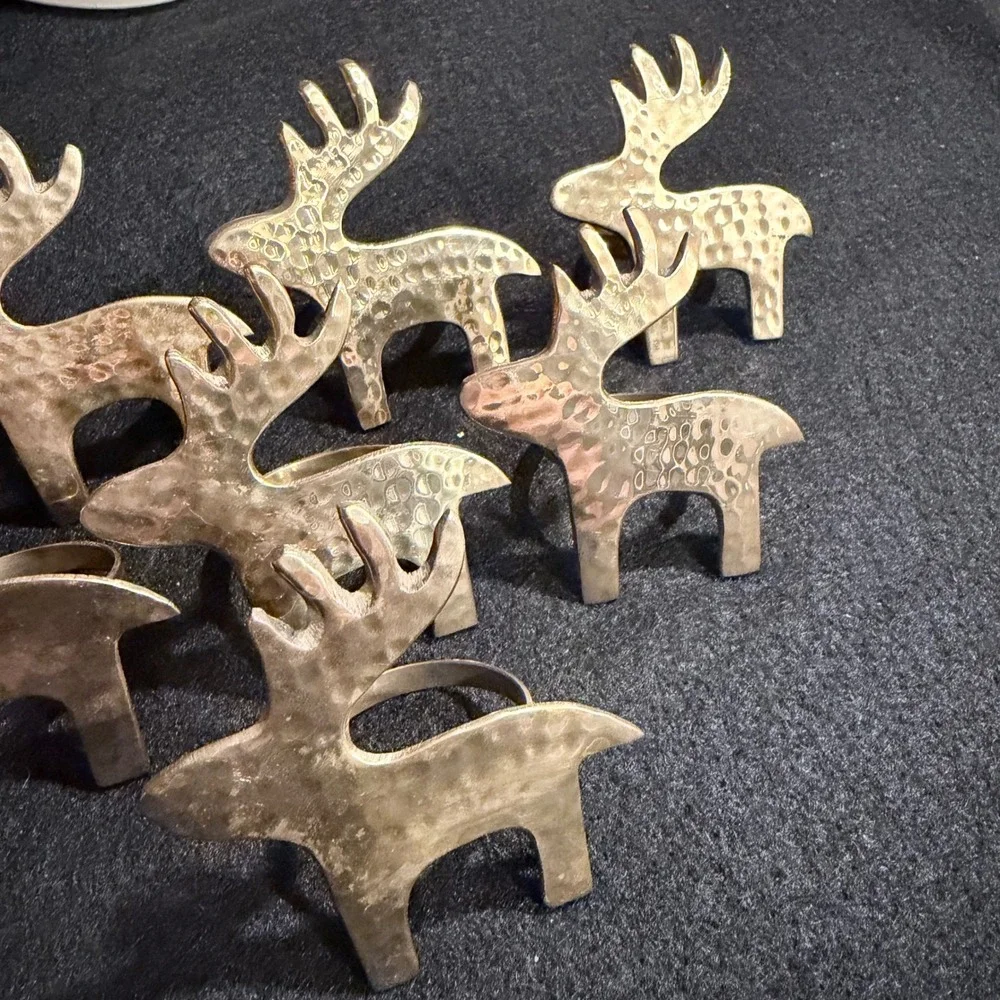 Vintage Hammered Gold Reindeer Napkin Rings‎ Set of 8 Christmas Holiday Decor